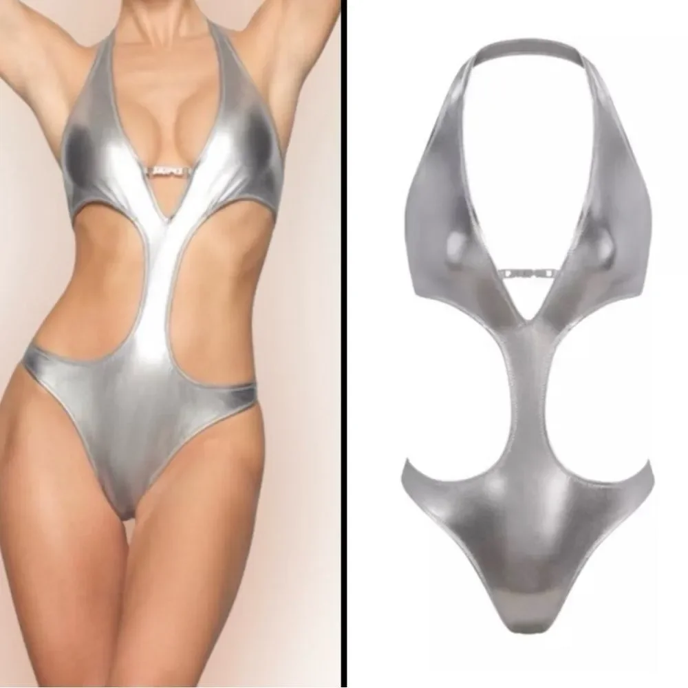 Skims metallic swim halter monokini in nickel swimsuit one piece 2X
